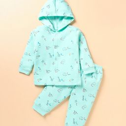 Tango Fleece Knit Full Sleeves Hooded Animals Printed Winter Wear Night Suit - Aqua-picture-29