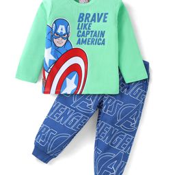 Babyhug Marvel Single Jersey Knit Full Sleeves T-Shirt & Lounge Pant Set With Avengers Graphics & Badge Detailing - Sea Green & Blue-image-46