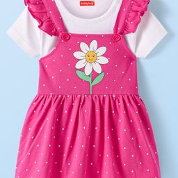 Babyhug 100% Cotton Knit Half Sleeves Solid Colour T-Shirt with Polka Dots & Floral Printed Printed Frock Style Onesie - Dark Pink-image-39