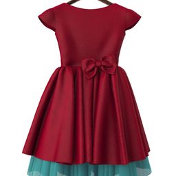 HEYKIDOO Silk Cap Sleeves Bow Applique Detailed & Colour Blocked Layered Dress - Red & Green-image-9