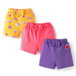 Babyhug Single Jersey Knit Shorts with Polka Dots Tropical Print & Bow Applique Pack of 3 - Pink & Purple-image-65