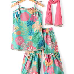 Babyhug Woven Singlet Sleeves Floral Printed Kurti Gharara Set with Dupatta - Mint Green-image-32