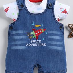 Wonderchild Rocket & Typography Embroidered Romper With HalfSleeves Tee - White & Denim-image-63