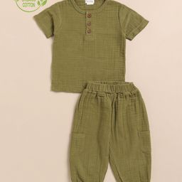 Cot & Candy Organic Cotton Half Sleeves Solid Tee & Lounge Pant Set - Olive Green-image-83