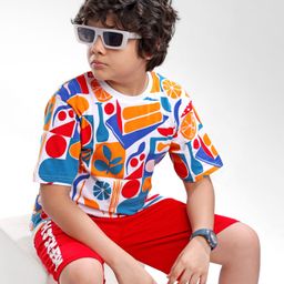 Ollington St. Cotton Printed Half Sleeves T-Shirt & Knit Shorts Set - Multicolor & Red-image-15
