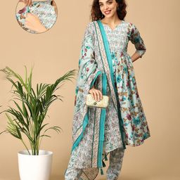 The Mom Store Cotton Three Fourth Sleeves Floral Printed Maternity Kurta With Nursing Access & Pant With Dupatta Set - Multi Colour-image-86
