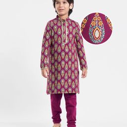 EARTHY TOUCH Single Jersey Knit Mandarin Collar Full Sleeves Kurta Pyjama Set With Floral Print - Purple-image-63