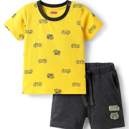 Babyhug Single Jersey Knit Half Sleeves T-Shirt & Shorts Set With Vehicle Print - Yellow & Black-picture-13