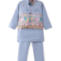 Ridokidz Full Sleeves Solid Kurta & Pyjama With Floral Embroidered Jacket Set - Grey-image-0