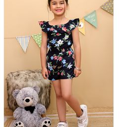 Superminis Rayon Knit Sleeveless Floral Printed Frill Detailed Jumpsuit - Black-image-15
