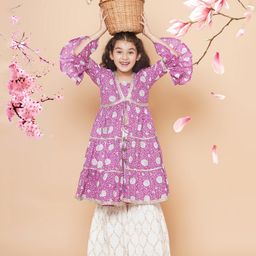 Bitiya By Bhama Cotton Woven Three Fourth Bell Sleeves Floral Printed Gota Lace Embellished Kurta Sharara Set - Purple-picture-13