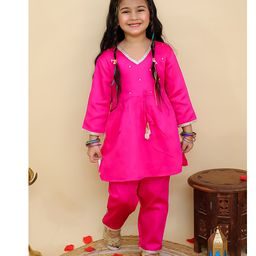 AJ Dezines Cotton Woven Three Fourth Sleeves Ethnic Embroidered Placket Gota Lace Embellished Kurti Pyjama Set - Pink-image-91