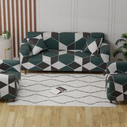 Aura Green & Grey Printed Polyester 3 Piece Sofa Cover With Arms-7