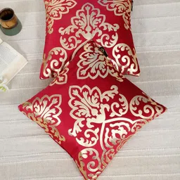 HOSTA HOMES Maron & Gold-Toned 2 Pieces Floral Foil Printed Velvet Square Cushion Covers-98