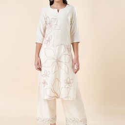 RANGMANCH BY PANTALOONS Floral Embroidered Round Neck Sequinned Straight Kurta-picture-40