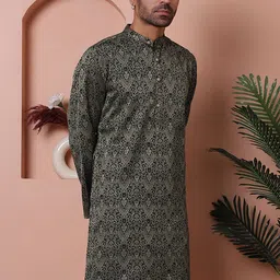 Anouk Black & Beige Ethnic Motifs Woven Design Band Collar Jacquard Straight Kurta-image-22