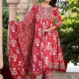 KALINI Floral Printed Mirror Work Pure Cotton Anarkali Kurta With Trouser & Dupatta-18