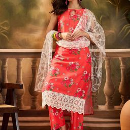 Sangria Floral Printed Tie-Up Neck Thread Work Straight Kurta With Palazzos And Dupatta-2