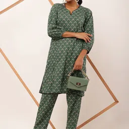ROZANAJAIPUR Floral Printed Notch Neck Pure Cotton Top with Trouser Co-Ords-picture-56