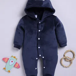 Moms Love Infant Boys Pure Cotton Velvet Finish Hooded Sleepsuit-58