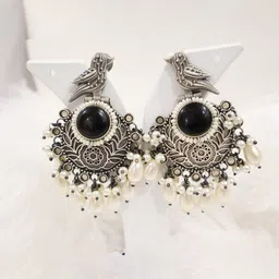 SIVA BY ANIKA Brass-Plated Artificial Stones Studded & Beaded Oxidised Bird Drop Earrings-18