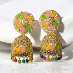M55 Gold-Plated Artificial Stones Studded & Beaded Dome Shaped Jhumkas-53