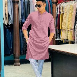 Men Embroidered Straight Kurta (Pink)-image-69