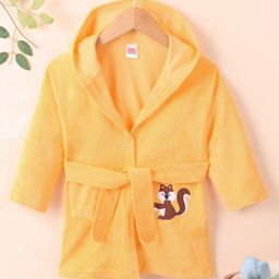 Babyhug Cotton Knit Full Sleeves Hooded Bath Robe Squirrel Patch - Yellow-image-71