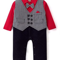 ToffyHouse Cotton Full Sleeves Checkered Party Romper with Bow Tie & Waistcoat - Navy & Red-image-88