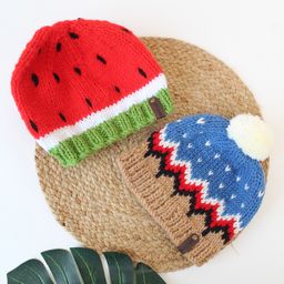 Woonie Set Of 2 Watermelon & Abstract Detailed Hand Knitted Caps - Red-15