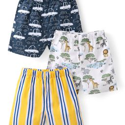 Babyhug Cotton Woven Regular Boxers Cars & Safari Theme Print Pack of 3 - Blue White & Yellow-image-40