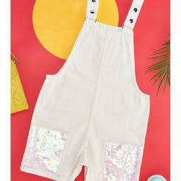 Pantaloons Junior Cotton Sleeveless Sequins Embellished Dungaree Dress - Off White-picture-7