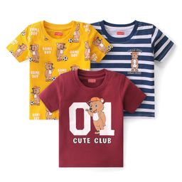 Babyhug Cotton Knit Half Sleeves Striped & Bear with Football Printed T-Shirts Pack of 3 - Red Yellow & Blue-image-97