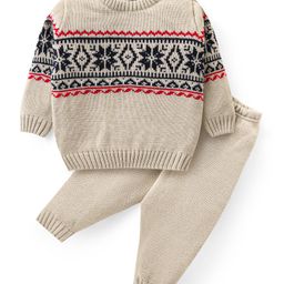 Babyhug Knit Full Sleeves Sweater Set Aztec Design - Beige-image-78