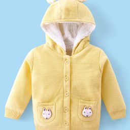 Babyhug Knitted Full Sleeves Hooded Front Open Sweater with Fox Applique - Yellow-picture-2