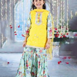 Little Bansi Full Sleeves Floral Printed & Embroidered Kurta Sharara With Dupatta - Yellow & Green-image-71