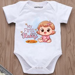 KNITROOT Rakhi Theme Half Sleeves My First Rakhi Text Printed Onesie - White-image-13