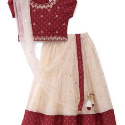 Babyhug Woven Short Sleeves Brocade Pattu Pavada Lehenga Choli & Dupatta Set - Beige & Maroon-image-87