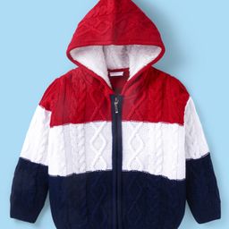 Babyhug Knitted Full Sleeves Front Open Hooded Sweater With Colour Block - Red-image-2