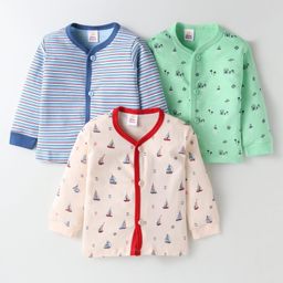 Mini Donuts Interlock Knit Full Sleeves Front Open Vests With Stripes & Nautical Theme Print Pack of 3 - Blue Red & Green-image-39