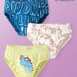 Babyoye Cotton Elastane Knit Briefs with Text & Dino Print Pack Of 3 - Blue Yellow & White-image-78