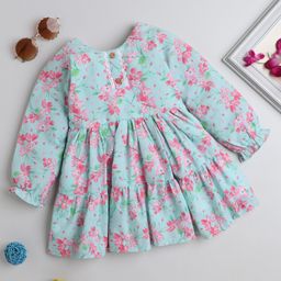 Twetoons Woven Full Sleeves Frock with Floral Print - Green-image-39