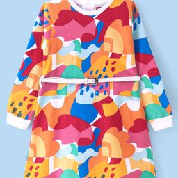 Babyhug Cotton Knit Full Sleeves Printed Frock with Belt - Multicolor-image-54