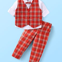 Babyhug Woven Full Sleeves Checkered 3 Piece Party Suit With Bow - Red-image-20
