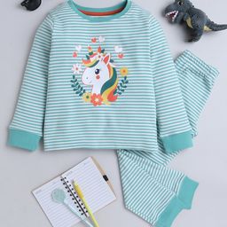 BABY NATION Cotton Knit Full Sleeves Unicorn Printed Striped Coordinating Night Suit Set - Cyan-image-67