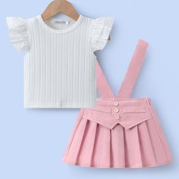Mark & Mia Frill Sleeves Solid Top & Skirt Set - White & Pink-image-22