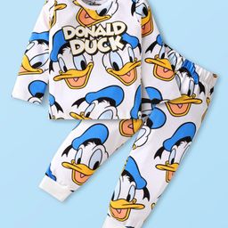 Babyhug Disney Single Jersey Knit Full Sleeves Night Suit With Donald Duck Print - White-image-31