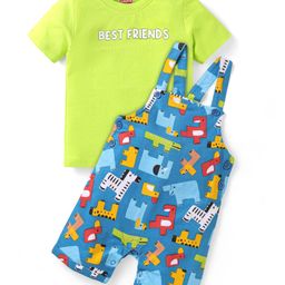 Babyhug Single Jersey Knit Half Sleeves T-Shirt & Dungaree with Text & Animal Print - Neon Green & Blue-picture-14