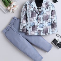 Fourfolds Cotton Blend Full Sleeves Abstract Printed Blazer With Tee & Trousers Set - Sky Blue-picture-16