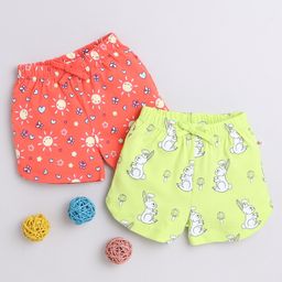BUMZEE Cotton Woven Above Knee Length Shorts with Rabbit & Hearts Print Pack of 2 - Light Green & Coral-image-12